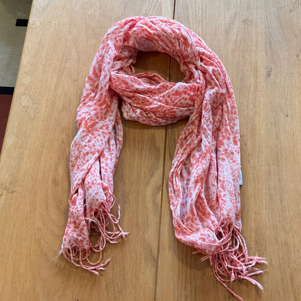 dELiA*s Coral and White Patterned Scarf with Fringe